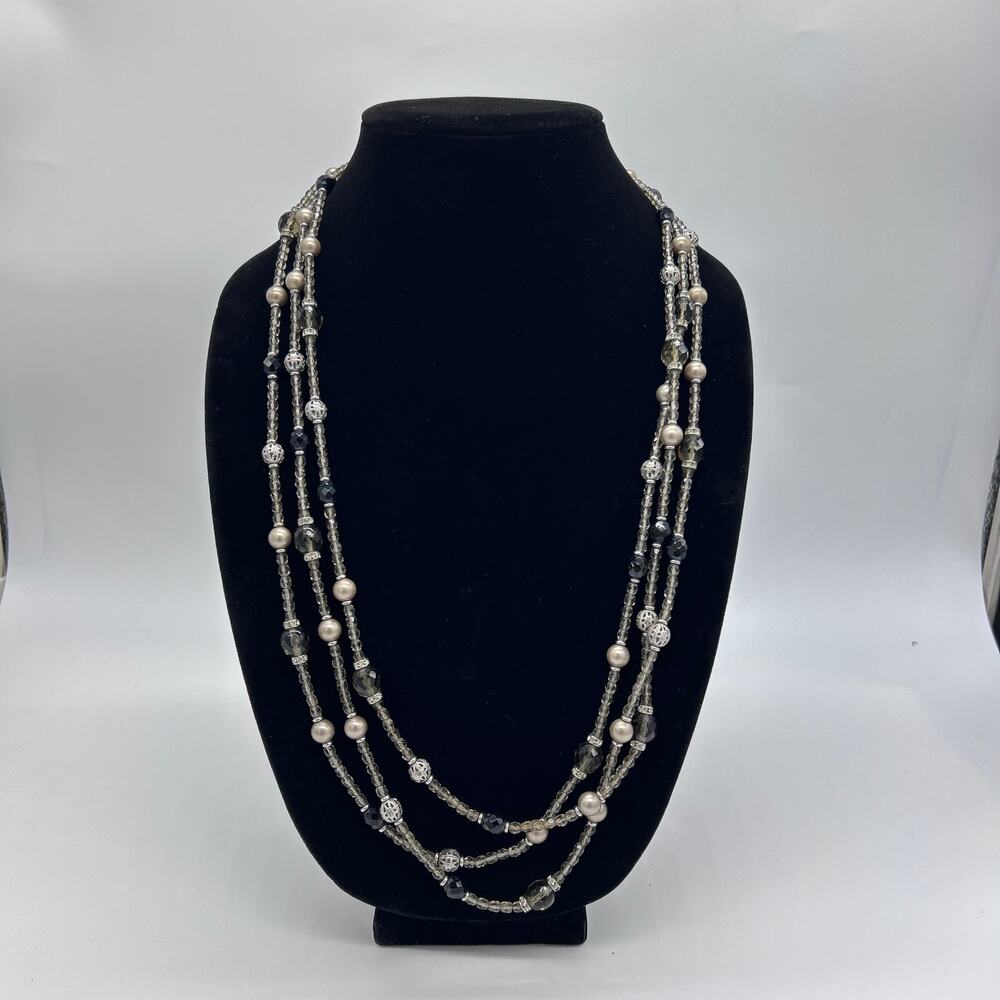 Vintage Carolee 3 Strand Beaded Silver Tone Triple Necklace Costume Jewelry